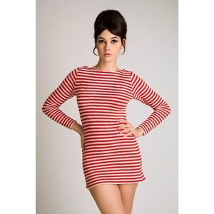 Vintage Red White Striped Ribbed Long Sleeve Mini Dress Stretch Candy Cane Mod